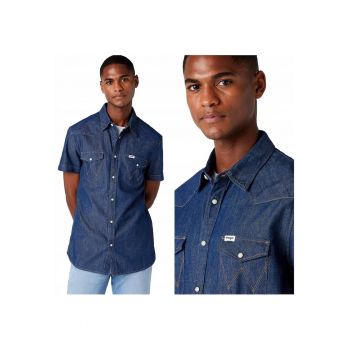 Camasa Barbati -  Ss Western Shirt - Regular Fit - 2 Buzunare - Capse - Confortabila - 100% Bumbac - Design Clasic - Marimea M - Bleumarin