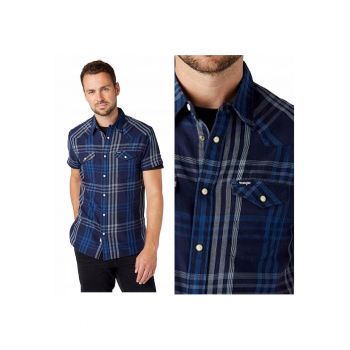 Camasa Barbati -  Ss Western Shirt - Regular Fit - 2 Buzunare - Capse - Design Clasic - 100% Bumbac - Confortabila - Marimea M - Albastru