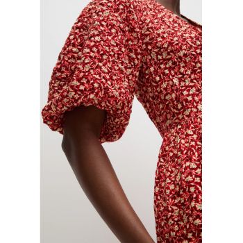 Rochie midi cu model floral si decolteu in V