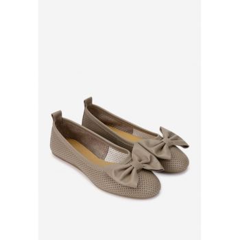 Balerini dama taupe din piele perforata cu funda