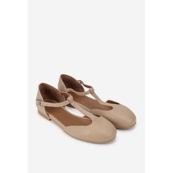 Balerini dama taupe din piele texturata cu bareta in T