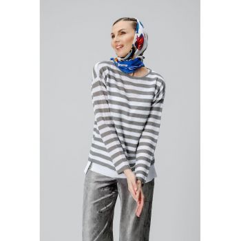 Bluza din amestec de in cu dungi si decolteu rotund