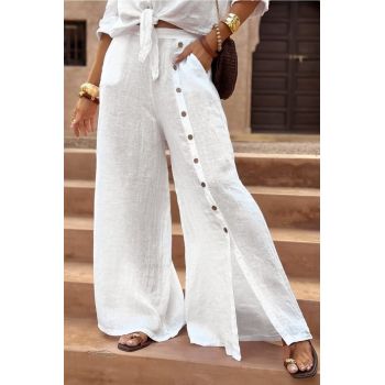 Pantaloni largi de vara, din in, cu nasturi decorativi din lemn pe picior, albi