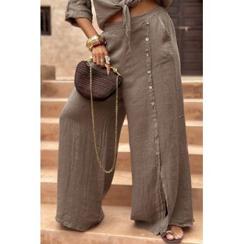 Pantaloni largi de vara, din in, cu nasturi decorativi din lemn pe picior, bej inchis
