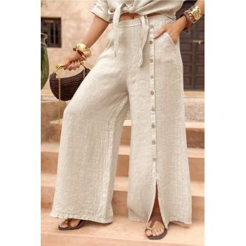 Pantaloni largi de vara, din in, cu nasturi decorativi din lemn pe picior, bej