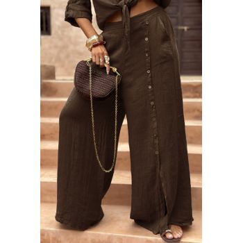 Pantaloni largi de vara, din in, cu nasturi decorativi din lemn pe picior, maro