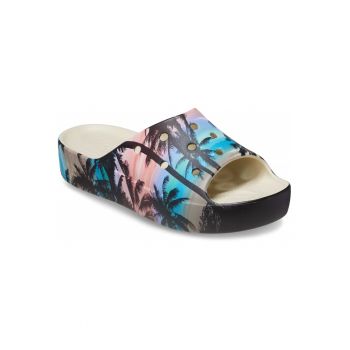 Papuci cu platforma - imprimeu tropical si perforatii Classic