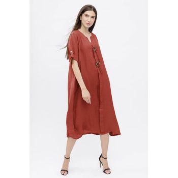 Rochie din in, cu doi nasturi decorativi pe piept, caramizie