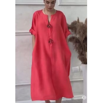Rochie din in, cu doi nasturi decorativi pe piept, corai