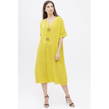 Rochie din in, cu doi nasturi decorativi pe piept, galbena