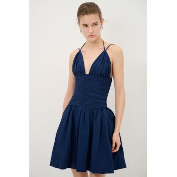 Rochie evazata din amestec de in cu pliuri si bretele ajustabile