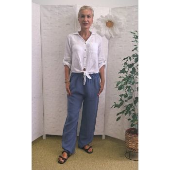Pantaloni de vara, drepti, din in, cu siret in talie, albastru jeans