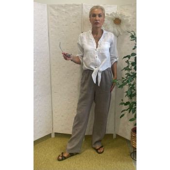 Pantaloni de vara, drepti, din in, cu siret in talie, bej inchis