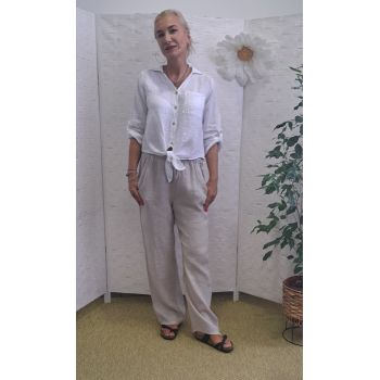 Pantaloni de vara, drepti, din in, cu siret in talie, bej