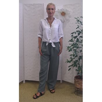 Pantaloni de vara, drepti, din in, cu siret in talie, kaki